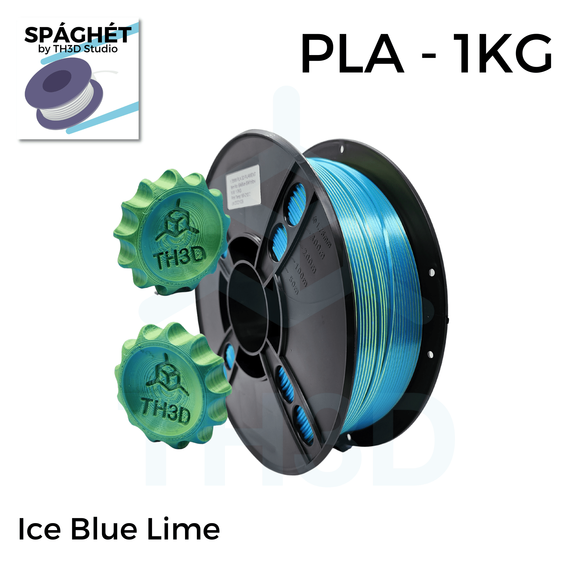 Spaghet Ice Blue Lime PLA - 1KG 1.75mm - Blue, Yellow Bi-Color Silk - TH3D  Studio LLC