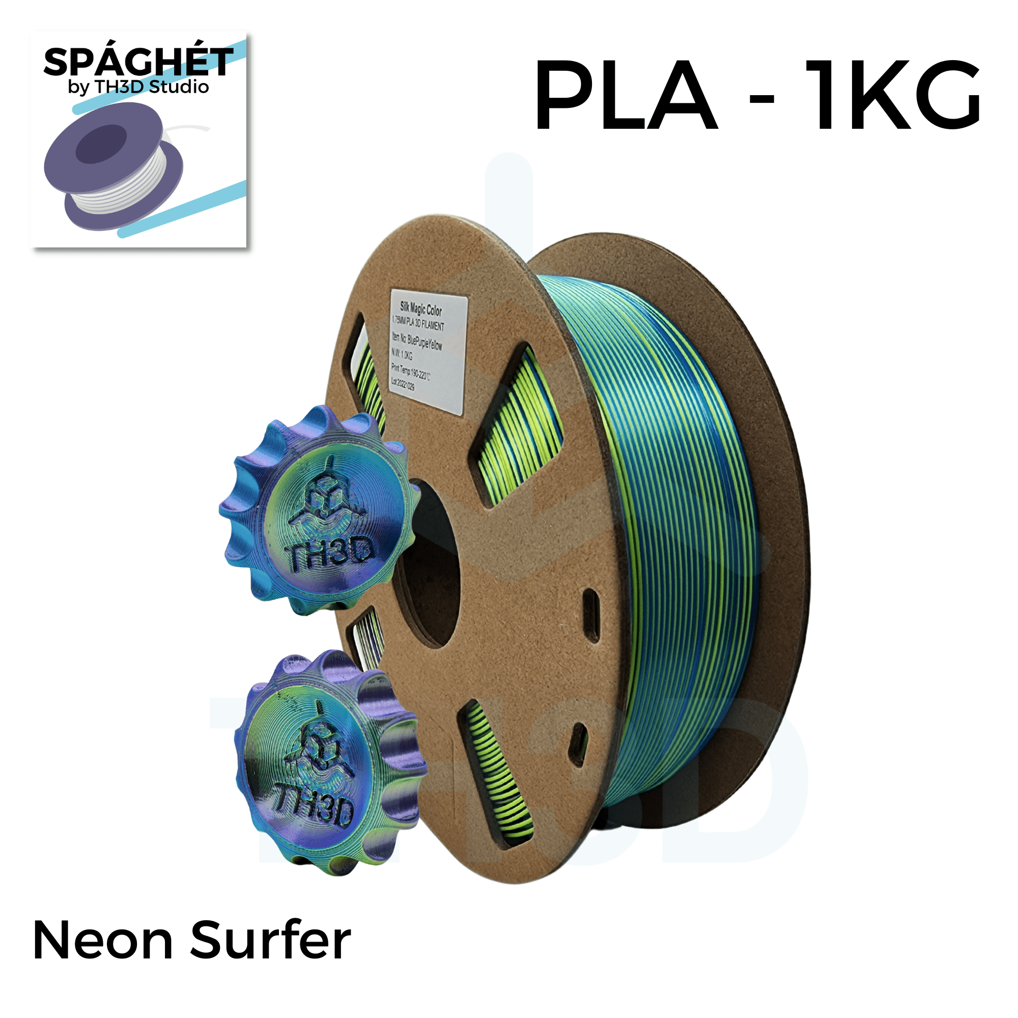 Spaghet Neon Surfer PLA - 1KG 1.75mm - Blue, Purple, Yellow Tri-Color Silk  - TH3D Studio LLC