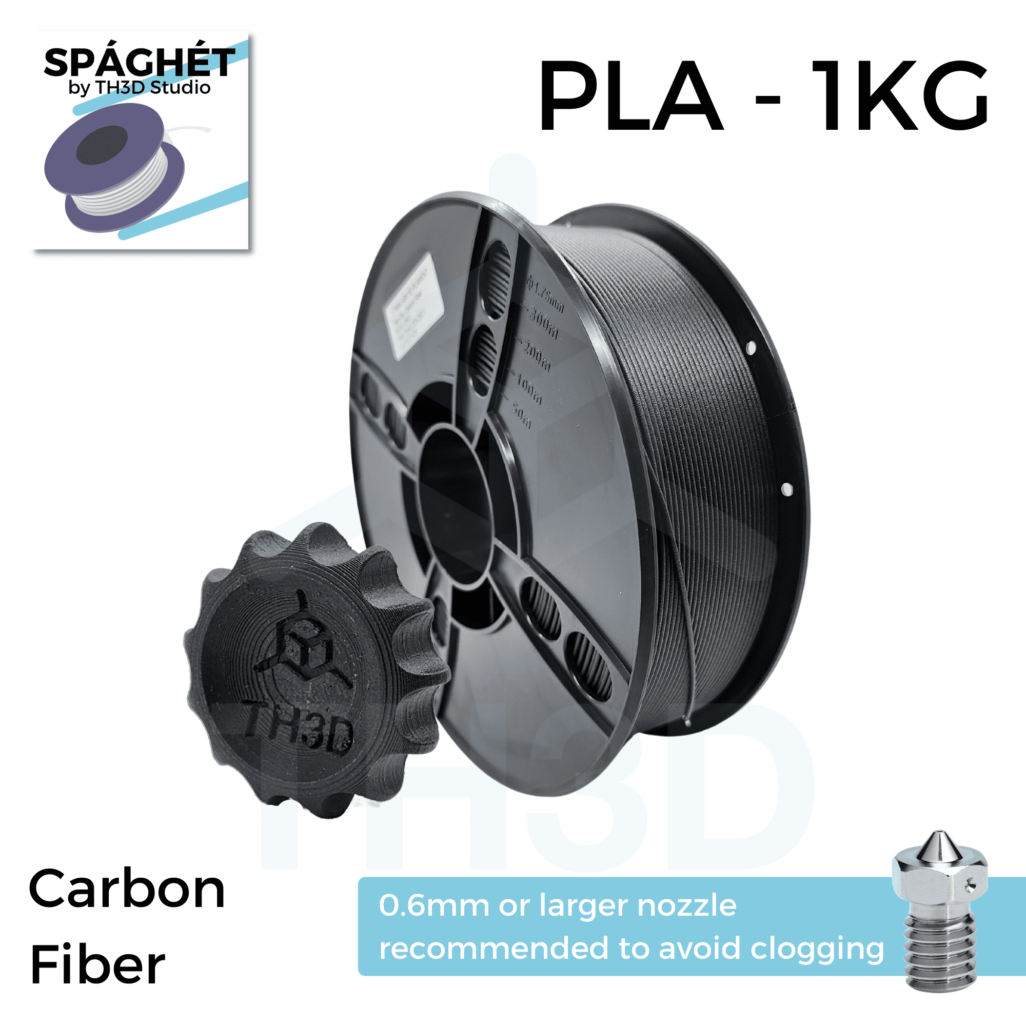 Spaghet Black Carbon Fiber Fill PLA - 1KG 1.75mm - TH3D Studio LLC