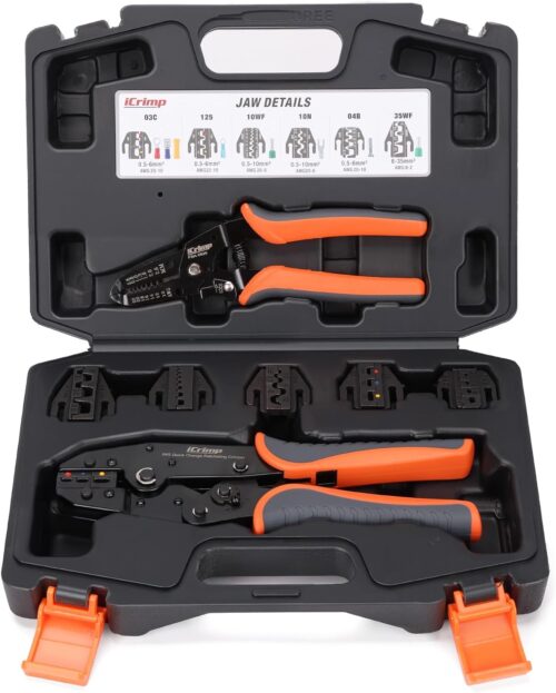 iCrimp Ratcheting Crimping Tool Set 8 PCS - Quick Exchange Jaw for Heat Shrink, Open Barrel, Insulated and Non-Insulated Ferrules AWG 20-2