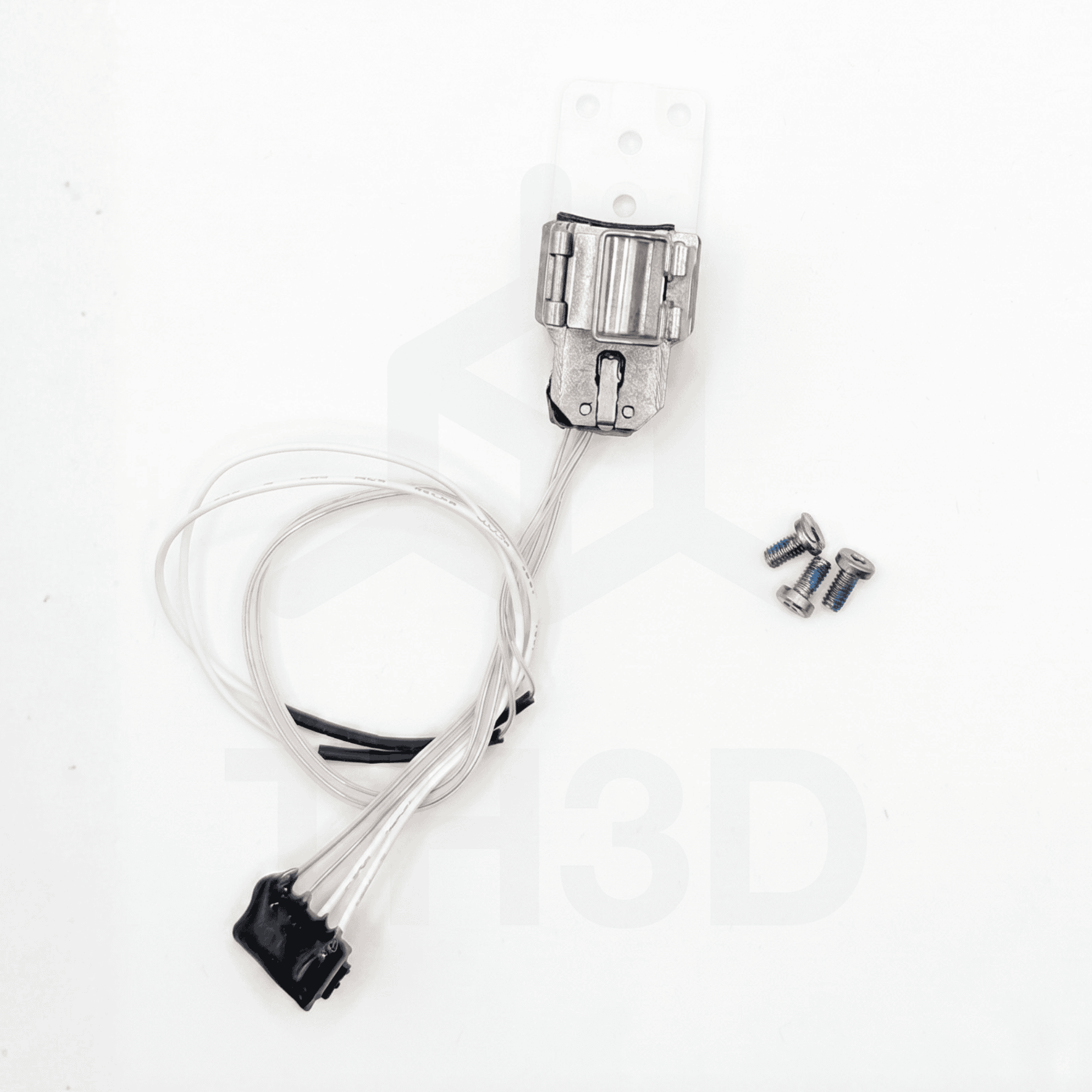 3D printer extruder temperature sensor with mounting bracket and screws.